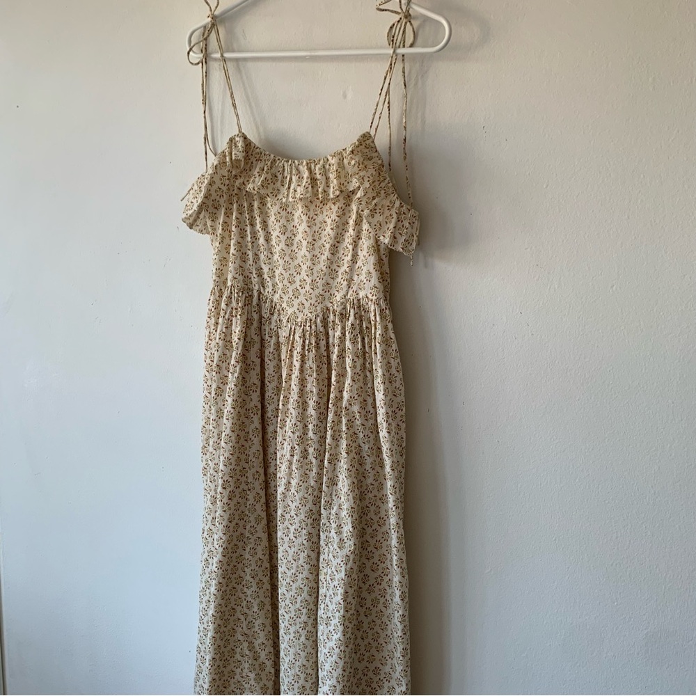 Doen Wendelin Cotton Ruffle Tie Bow Strap Midi Dress Spring Elderberry Floral - Picture 8 of 14